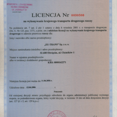 Licencja na wykonywanie krajowego transportu drogowego rzeczy.